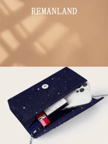 REMANLAND 1个闪亮优雅褶皱女士手提包，时尚迷人女士晚宴钱包，信封式手拿包，带隐藏式卡槽和隔层，配有可拆卸金属链的单肩包，适合派对女孩、新娘，节日最佳礼物 - 藏蓝色 - 查看 6