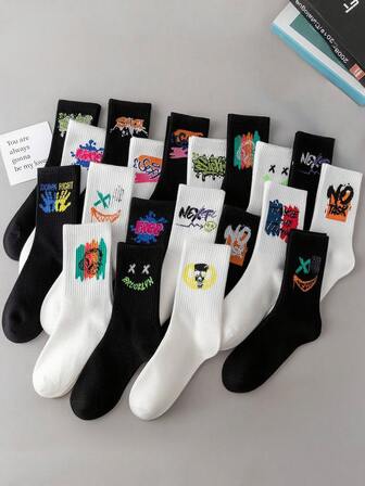10 Pairs Of Random Styles Black And White New Men's And Women's Creative Graffiti Mid-Calf Socks Couple Socks Suitable For Daily Use, Fall