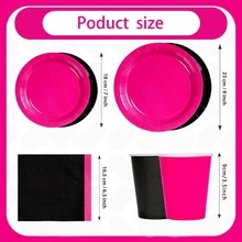 10pcs/80pcs Hot Pink And Black Birthday Decorations Hot Pink Party Plates Cups And Napkins Tableware Set Rose Red And Black Dinnerware Set For Women Birthday Bridal Shower Gender Reveal Party Supplies