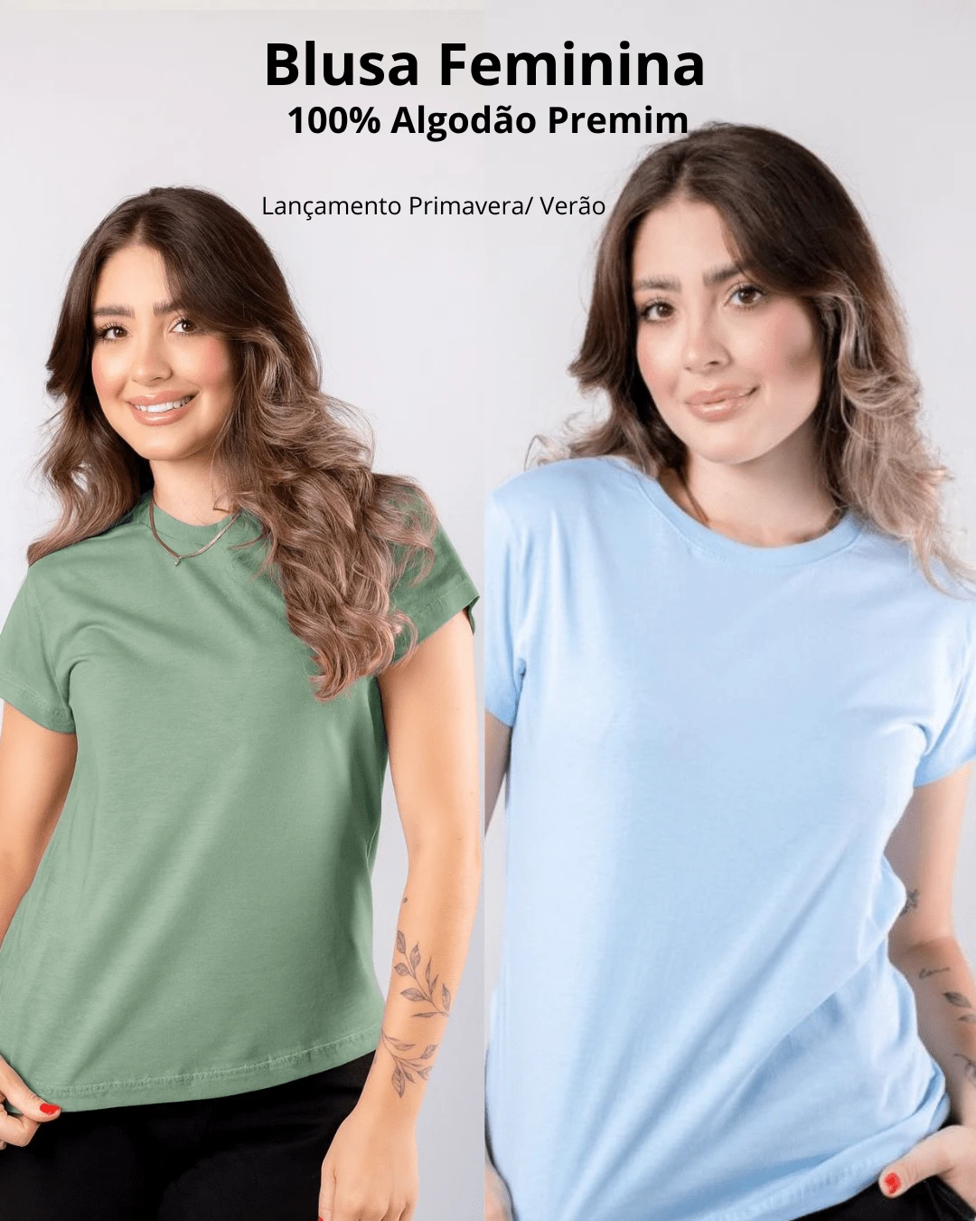 Kit 2 Women's Blouses Baby Look Basic T-Shirt 100% Premium Cotton Plain T-Shirt Traditional High Summer - 橄欖綠-淡藍色 - 查看 1
