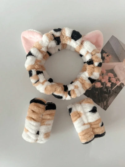 1/2/3pcs Cute Polka Dot & Stripe Cat Ear Headband, Waterproof Multi-Function Wristband For Washing Face, Apply A Facial Mask, Makeup & Skincare Home Bathroom Decor Fall Decor Back To School, Bathroom Accessories Hair 