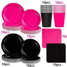 10pcs/80pcs Hot Pink And Black Birthday Decorations Hot Pink Party Plates Cups And Napkins Tableware Set Rose Red And Black Dinnerware Set For Women Birthday Bridal Shower Gender Reveal Party Supplies