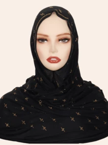 1pc Women's Elastic Cotton Soft Striped Hijab Fabric Long Scarf, Middle Eastern High-End Rhinestone Crafted Star & Floral Design, High Fashion Headscarf, Daily & Outdoor Shawl