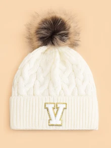 1pc Kids Letter & Pom Pom Knit Beanie Hat, Soft Comfortable Warm Fashionable Versatile Winter Cap, Suitable For Boys & Girls Everyday Wear, Great Gift - White - View 13