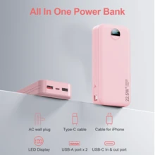 内置线缆和交流电壁式插头的便携式移动电源，20000mAh 超薄快速充电 USB-C 移动充电器，旅行必备电池组，配备 LED 数字显示屏，兼容手机、iPad 等设备。户外电量显示 - 粉色 - 查看 3