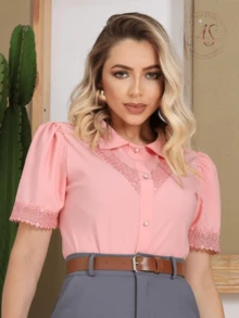 Shirt Blouse Short Sleeve Women's Fashion With Lace Elegant Basic Social Stylish Chic Evangelical Loose - 乾枯玫瑰色 - 查看 1