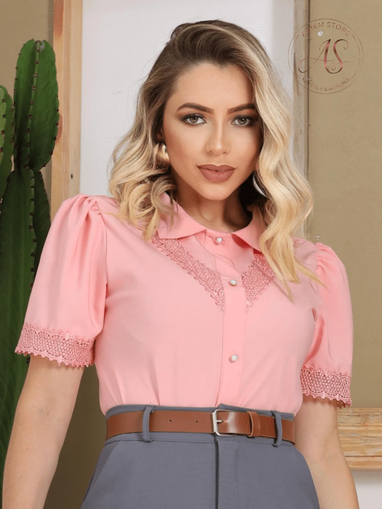 Shirt Blouse Short Sleeve Women's Fashion With Lace Elegant Basic Social Stylish Chic Evangelical Loose - 乾枯玫瑰色 - 查看 1