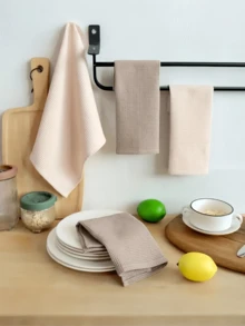 2 piezas de paños de cocina cuadrados de algodón con textura de gofre modernos, secan rápido y son absorbentes. Características clave: Engrosados y duraderos, muy absorbentes, secan rápido y fáciles de airear, con lazos para colgar. Color: Beige/Marrón. Escenarios aplicables: Adecuado para hogares, restaurantes