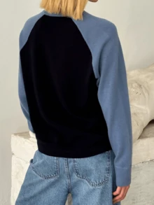 Women's Autumn Winter Knit Sweater Long Sleeve Round Neck Contrast Color Knitwear Tops - Blue - View 6