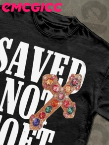 Y2K,SAVED NOT SOFT....Fashionable Cotton Men's T-Shirt, Multi-Color Optional, Surprise Gift For Friends And Family, Christmas Drop Shoulder Sleeves Round Neck - màu đen - Xem 2
