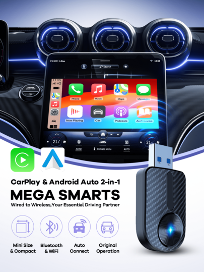REMAX 2-In-1 Wireless CarPlay & Android Auto Adapter; Plug & Play For IPhone/Android; Lag-Free Connection; Mini Size With Extension USB-C/Type-C; Fits 900+ Cars;