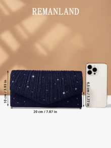 REMANLAND 1个闪亮优雅褶皱女士手提包，时尚迷人女士晚宴钱包，信封式手拿包，带隐藏式卡槽和隔层，配有可拆卸金属链的单肩包，适合派对女孩、新娘，节日最佳礼物 - 藏蓝色 - 查看 5