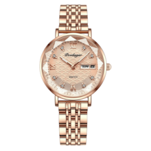 POEDAGAR 1 件礼物女士手表全不锈钢玫瑰金表带英文日历表盘夜光指针优雅设计防水女士石英手表防水 L 玫瑰金母亲妻子婚礼纪念品爱情生日毕业表白配件返校必备品