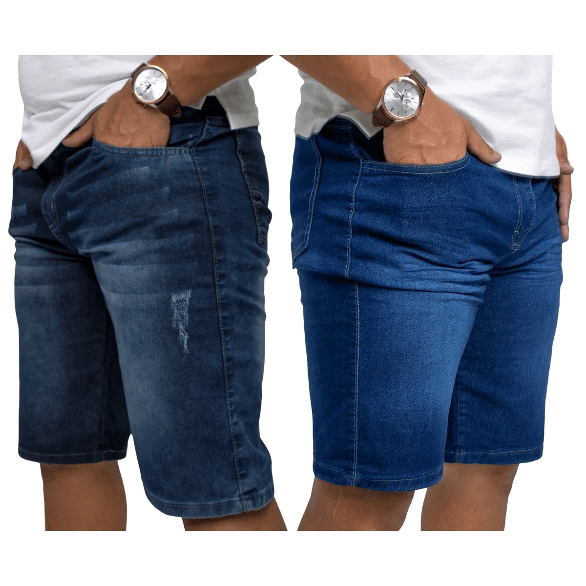 Kit Of 2 Adult Men's Denim Bermuda Jeans With LYCRA Elastane - Elasticity And Comfort. Ideal Gift For Men - 1 Blue Berm đã qua sử dụng + 1 Bigode Blue Berm đã mòn - Xem 1