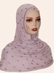 1pc Women's Elastic Cotton Soft Striped Hijab Fabric Long Scarf, Middle Eastern High-End Rhinestone Crafted Star & Floral Design, High Fashion Headscarf, Daily & Outdoor Shawl