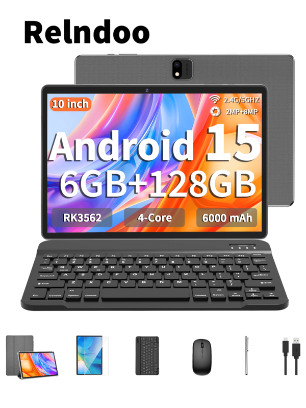 Relndoo 2025 Android Tablet With Keyboard, Android 15 Tablets, 2 In 1 Tablet, 10.1 Inch Tablet With Mouse, Leather Case, Stylus, Protective Film, Cable, RK3562 Quad-Core 2.0 GHz, (6GB+20GB) RAM+128GB ROM, 2MP+8MP Dual Camera, 1280*800px HD Touchscreen, 6000mAh Battery, Type C, Supports 1TB SD Expansion, 802.11n Wifi 2.4G/5G Wireless, GPS (No Adapter)-Grey