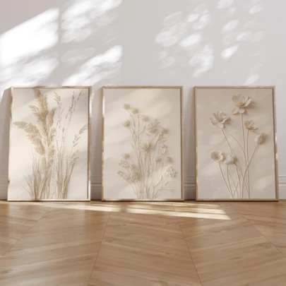 3pcs Set Modern Wall Art Posters, Neutral Plant Canvas Wall Art - Minimalist Floral Print, Beige Tone - Contemporary Nature Decor, With Or Without Frame, Room Decor, Home Decor, College Dorm Apartment Decor, Hotel, Home, Living Room, Bedroom, Bathroom And Office Wall Decoration Gift