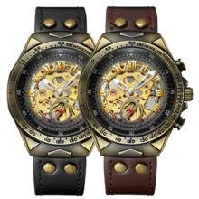 1pc 50M Waterproof Vintage Copper Mechanical Watch Brown Leather Strap Hollow Gear Skeleton Transparent Flying Tourbillon Power Storage Visible On The Back Cover For Real Automatic Mechanical Watch Men's Birthday Gift Husband Father's Day Wedding Souvenir Precise Timekeeping