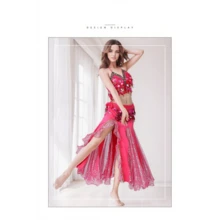 Belly Dance Costumes, Performance Costumes, Dance Skirts, Stage Costumes, Sequined Fringed Bra Sets, Full-Skirted Dresses, Competition Costumes - 玫紅色三件組(上衣+裙子+腰鍊) - 查看 8