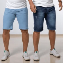 Kit Of 2 Adult Men's Denim Bermuda Jeans With LYCRA Elastane - Elasticity And Comfort. Ideal Gift For Men - 1 Light Blue Berm + 1 Frayed Mustache Berm - View 1