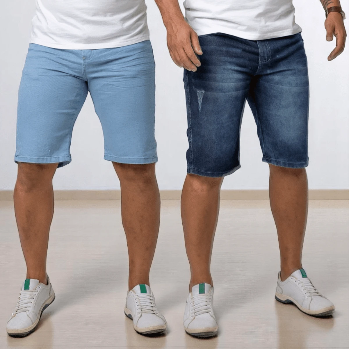 Kit Of 2 Adult Men's Denim Bermuda Jeans With LYCRA Elastane - Elasticity And Comfort. Ideal Gift For Men - 1 Light Blue Berm + 1 Frayed Mustache Berm - View 1