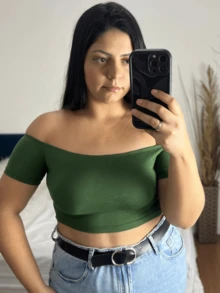 Women's Plain Knit  Crop Top, Off-The-Shoulder, Dropped Colors - 軍綠色 - 查看 1