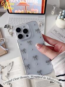 <晶莹之美，裹银优雅>，苹果雏菊唯美简约银色纹理小蝴蝶结与金属小圆珠透明滴胶手机壳兼容16/16Plus/16Pro/16ProMax/15/14/13/12/11/X/XS/XR/Mini/Pro Max/Pro/Plus TPU全包软壳防水防震防摔防刮 - 銀色 - 查看 2