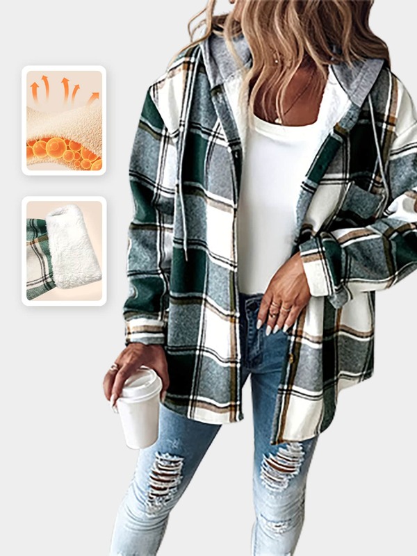 Jaqueta feminina casual de outono e inverno, com botões e capuz, de malha, com blocos de cores, chique e aconchegante, para uso em casa e no campus, para escritório