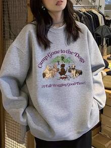 女式宽松图案印花圆领运动衫，秋冬休闲长袖套头衫 - 淺灰色 - 查看 1