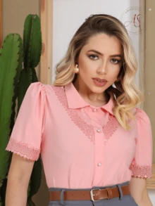 Shirt Blouse Short Sleeve Women's Fashion With Lace Elegant Basic Social Stylish Chic Evangelical Loose - 乾枯玫瑰色 - 查看 2