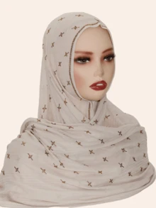 1pc Women's Elastic Cotton Soft Striped Hijab Fabric Long Scarf, Middle Eastern High-End Rhinestone Crafted Star & Floral Design, High Fashion Headscarf, Daily & Outdoor Shawl