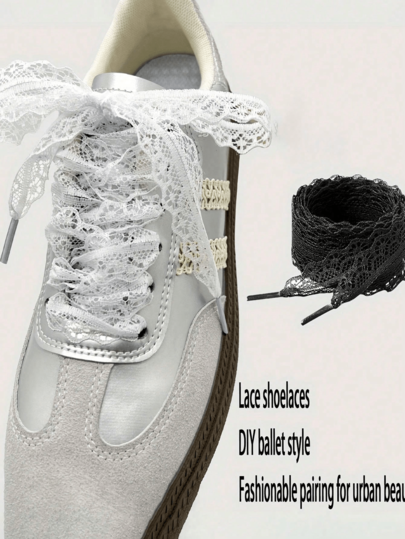 2pcs Lace Shoelaces, Ballet Style Cute Girl Accessories, Black & White Silk Lace Edging Shoelaces
