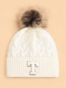 1pc Kids Letter & Pom Pom Knit Beanie Hat, Soft Comfortable Warm Fashionable Versatile Winter Cap, Suitable For Boys & Girls Everyday Wear, Great Gift - White - View 30