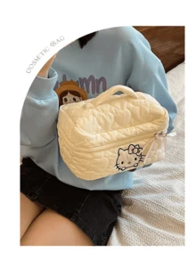 Cloud Velvet Cosmetic Bag, Large Capacity, Multi-Color Options (), Cute Cartoon Patterns, Double Zipper Closure, High-Quality Durable Fabric, Textured Feel, Neat Stitching, Ideal for Travel, Daily Use, Perfect Gift for Herpizer, G - 白色 - 查看 6