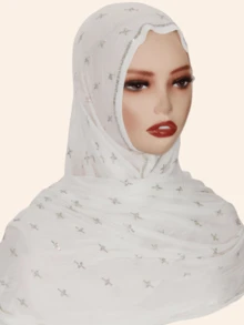 1pc Women's Elastic Cotton Soft Striped Hijab Fabric Long Scarf, Middle Eastern High-End Rhinestone Crafted Star & Floral Design, High Fashion Headscarf, Daily & Outdoor Shawl