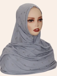 1pc Women's Elastic Cotton Soft Striped Hijab Fabric Long Scarf, Middle Eastern High-End Rhinestone Crafted Star & Floral Design, High Fashion Headscarf, Daily & Outdoor Shawl