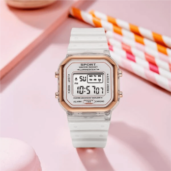 1pc LED Square Silicone Strap Watch, Unisex Student Sports Casual Multi-Function Chronograph Calendar Week Alarm Waterproof Luminous Electronic Wristwatch