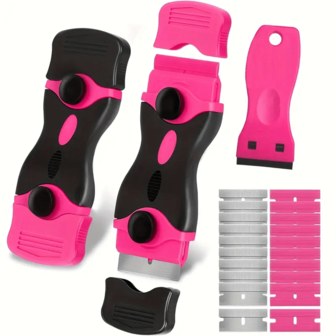 1 Set de espátula de limpieza multifuncional, espátula desgomadora, espátula de vidrio, herramienta para película de coche. 1 raspador de doble cabeza rosa + 10 hojas de metal + 10 hojas de plástico. Adecuado para la limpieza de pisos, pegatinas de vidrio, descontaminación de cocina, construcción de costuras de belleza, decoración del hogar, publicidad exterior, etc. Un artefacto de limpieza para familias y profesionales.