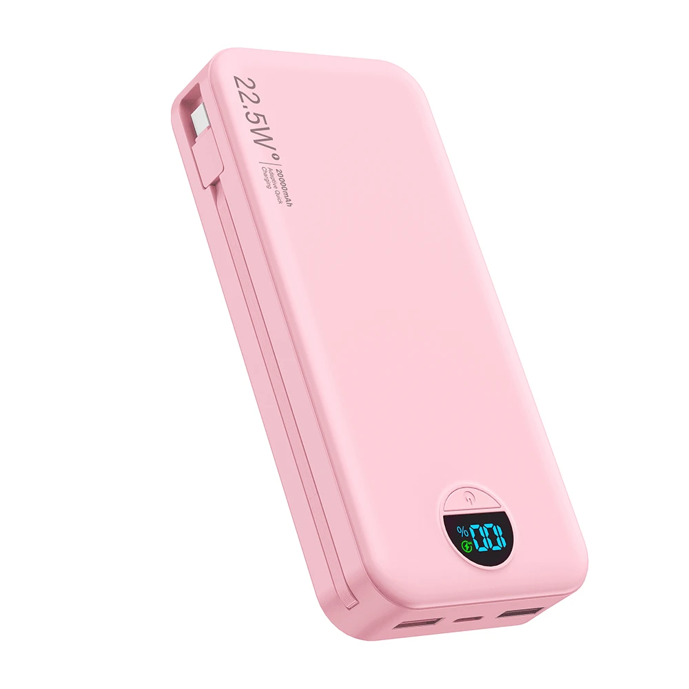内置线缆和交流电壁式插头的便携式移动电源，20000mAh 超薄快速充电 USB-C 移动充电器，旅行必备电池组，配备 LED 数字显示屏，兼容手机、iPad 等设备。户外电量显示 - 粉色 - 查看 1