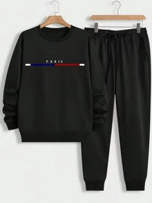Men's Casual Daily Life Soft And Comfortable Suit, Autumn And Winter ,All-Match Simple Paris Pattern Printing, Black Round Neck Pullover Long Sleeve Sweatshirt Narrow Leg Pants Sweatpants Sweatshirt Suit 2 Pieces Set