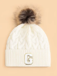 1pc Kids Letter & Pom Pom Knit Beanie Hat, Soft Comfortable Warm Fashionable Versatile Winter Cap, Suitable For Boys & Girls Everyday Wear, Great Gift - White - View 25