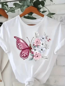 1 Women'S Crew Neck T-Shirt With Geometric Butterfly And Floral Print, Light Luxury And Simplicity Style, Suitable For All Seasons - trắng - Xem 1