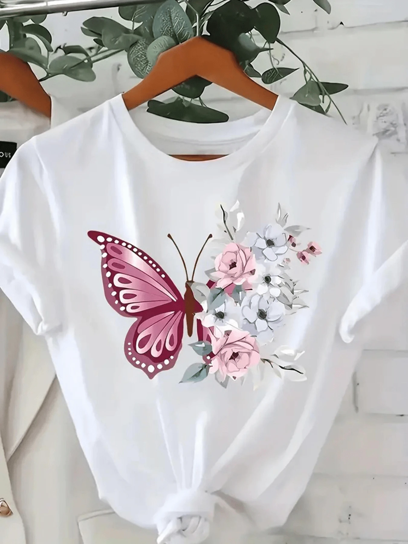 1 Women'S Crew Neck T-Shirt With Geometric Butterfly And Floral Print, Light Luxury And Simplicity Style, Suitable For All Seasons - trắng - Xem 1