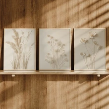 3件套现代墙面艺术海报，中性植物帆布墙画 - 简约花卉印花，米色调 - 现代自然装饰，带框或不带框均可，房间装饰，家居装饰，大学宿舍公寓装饰，酒店，家庭，客厅，卧室，浴室和办公室墙面装饰礼品