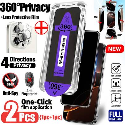Yezodawee Bộ dán màn hình cường lực 360° chống nhìn trộm, tự động căn chỉnh, bao gồm 1 miếng dán bảo vệ ống kính camera bằng kính cường lực trong suốt độ nét cao, tương thích với iPhone 17 Pro Max/17 Pro/17 Air/17/16 Pro Max/16 Pro/16 Plus/16E/16/15 Pro Max/14 Pro Max/13 Mini/12/11 Series, phủ toàn màn hình, chống bám vân tay, chống rơi vỡ, chống trầy xước, độ cứng 9H.