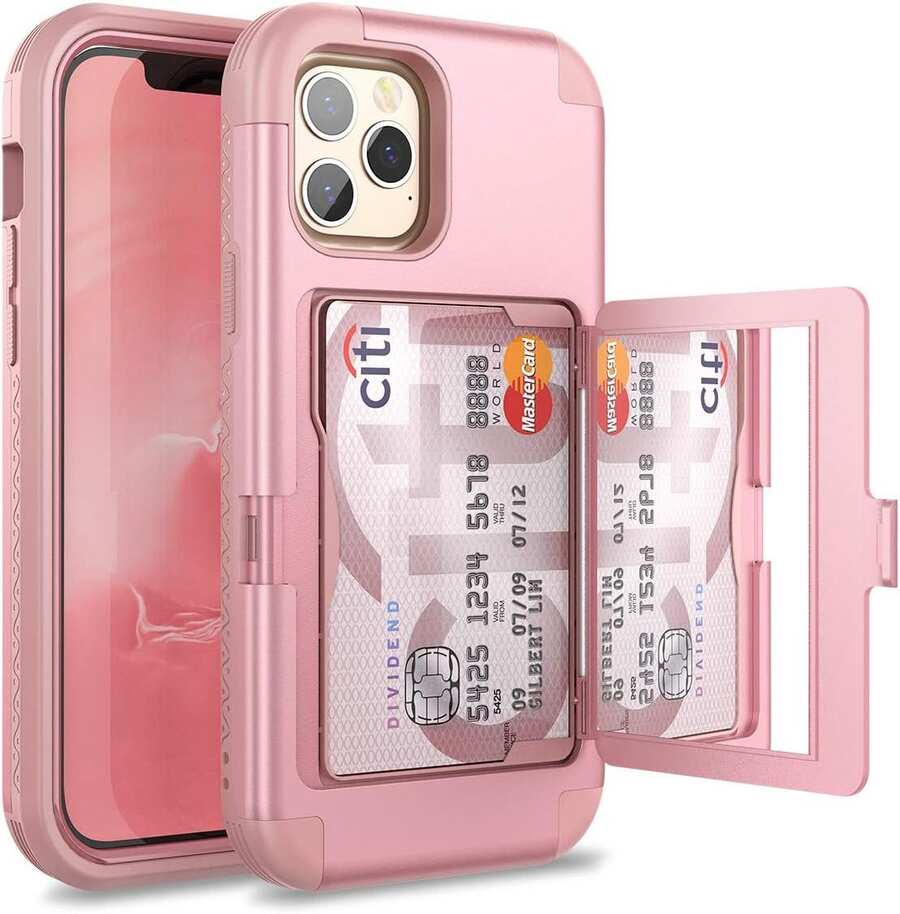 Wallet Case With Credit Card Holder & Hidden Mirror, Three Layer Shockproof Heavy Duty Protection Protective Cover For IPone 15Promax/14Promax/13/14/11 - Hồng - Xem 1