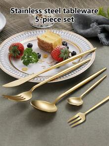 1PC Of Five-Piece Stainless Steel Cutlery Set, Portuguese Fork And Spoon, Western Cutlery Set, All-In-One, Suitable For Family Gatherings, Parties, Kitchens, Restaurants, Hotels, Weddings, And Back-To-School Season