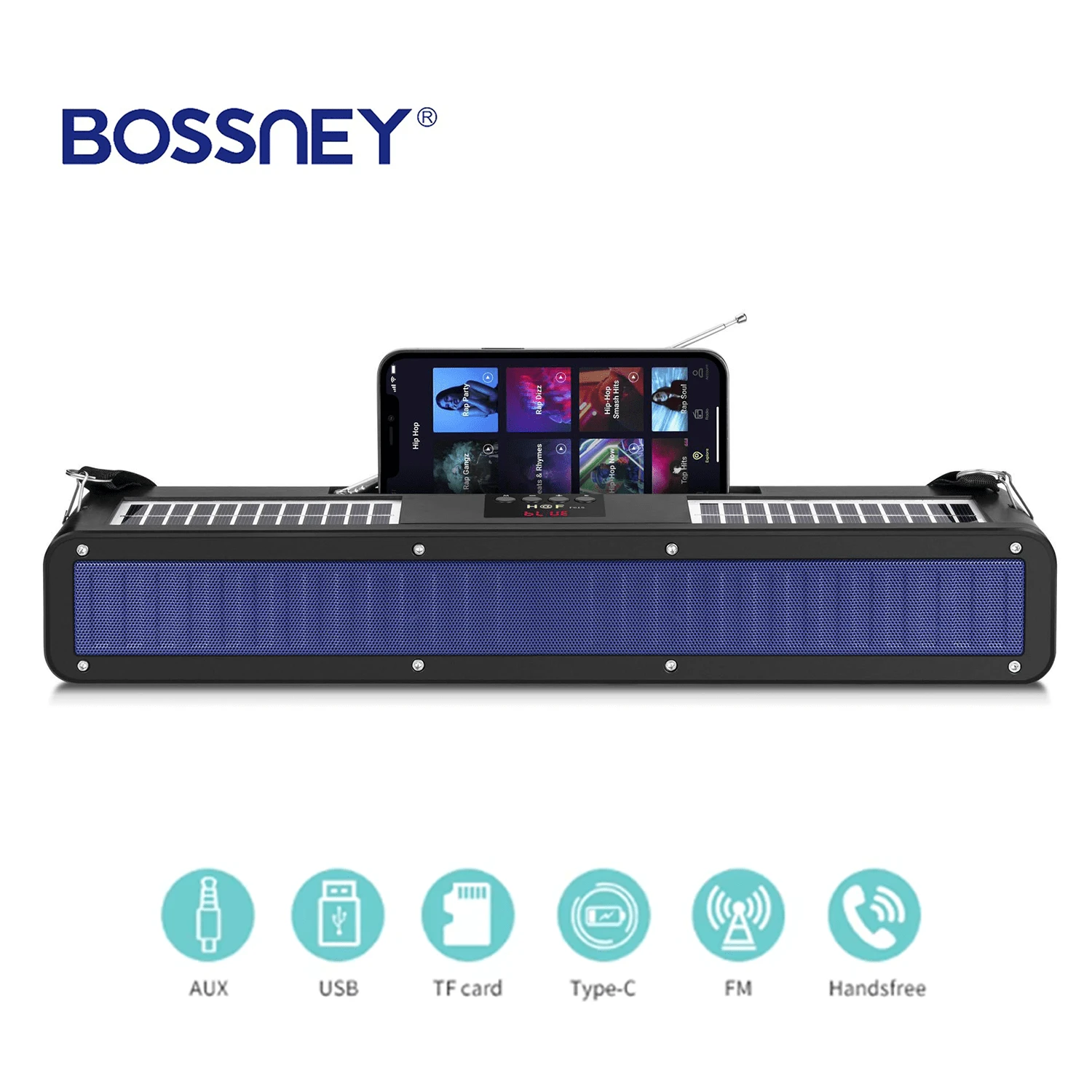 BOSSNEY Radio Bocina  Portátil Con  Bluetooth Usb Fm Solar - Azul - Ver 1