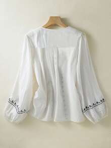 Damen Vintage bestickerte, weite Boho Bluse, halbtransparente Baumwoll-Lässig-Tops für Frühling und Herbst, Weißes Hemd, Weiße Bluse - Weiss - Übersicht 4