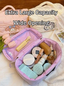 Sanrio Cloud Velvet Cosmetic Bag, Large Capacity, Multi-Color Options (Kuromi), Cute Cartoon Patterns, Double Zipper Closure, High-Quality Durable Fabric, Textured Feel, Neat Stitching, Ideal For Travel, Daily Use, Perfect Gift For Her, Women's Organizer Bag, Makeup Bag, Must-Have Daily Accessory - Purple - View 8